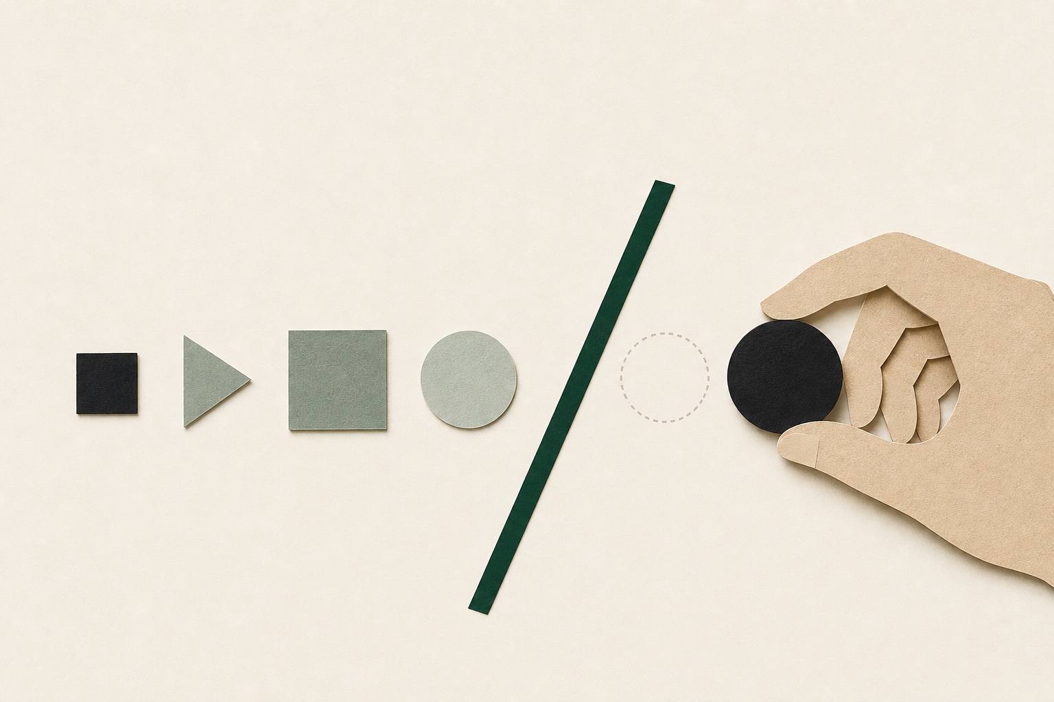 Paper collage showing an automated sequence stopping before a person places the final decision marker