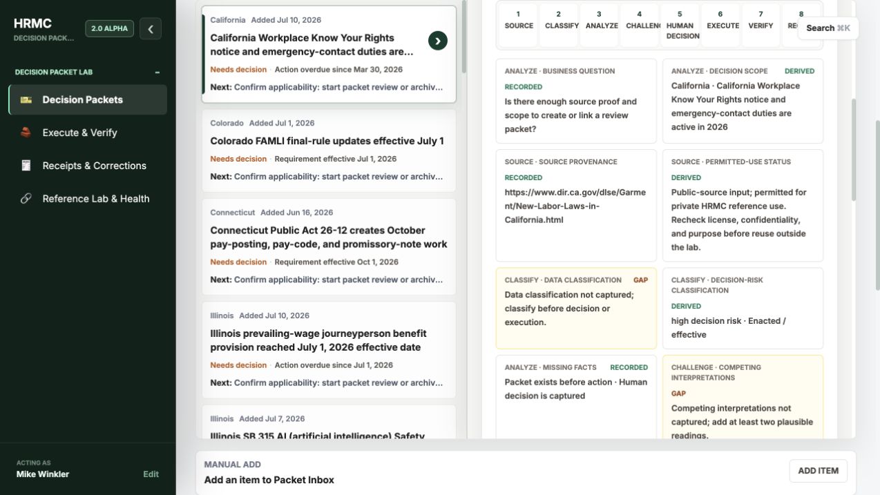 HR Mission Control prototype showing public compliance items beside a decision packet with source provenance and highlighted gaps for data classification and competing interpretations