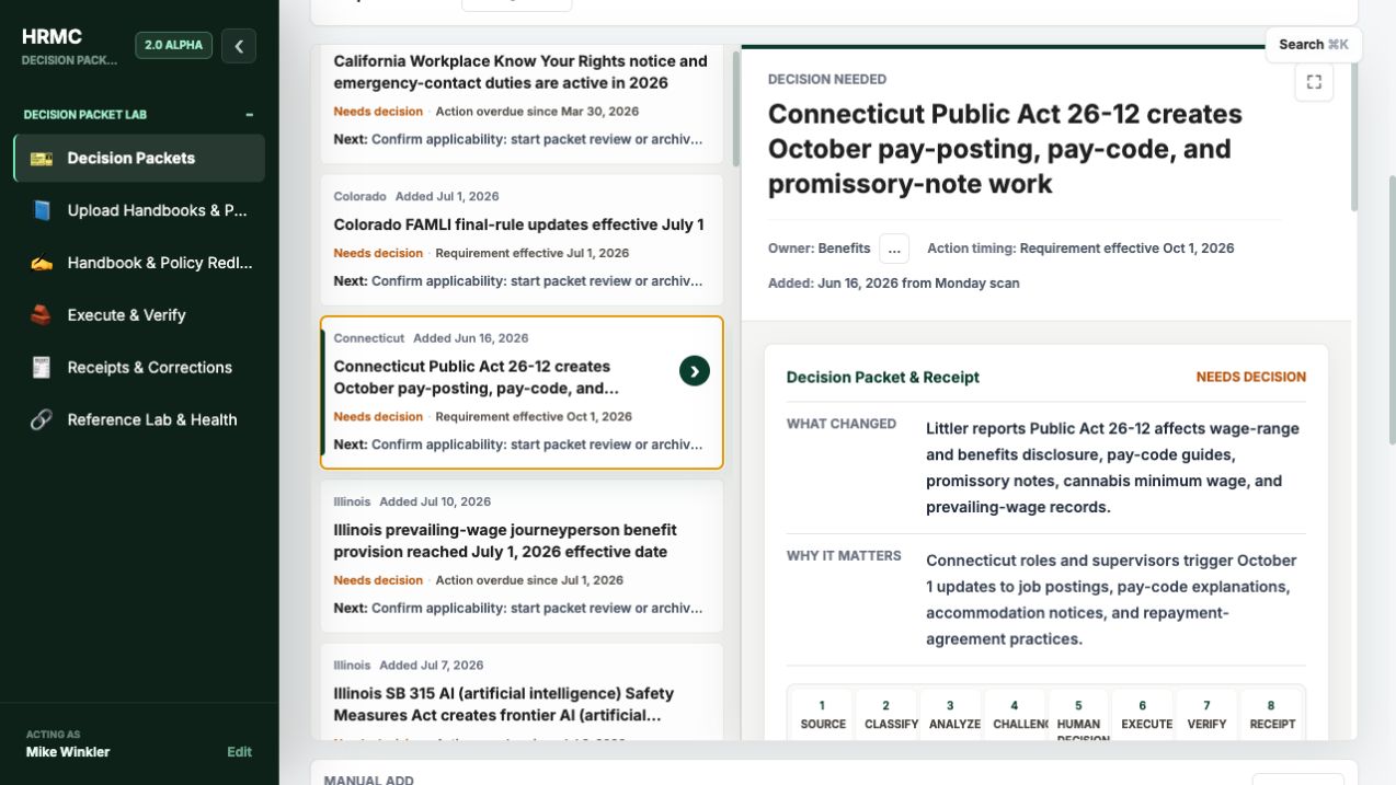 HR Mission Control prototype showing a public Connecticut compliance item with What Changed, Why It Matters, and the eight-stage decision packet sequence