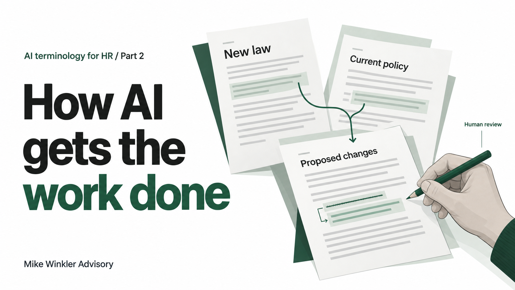 How AI gets the work done: compare a new law with the current policy, prepare proposed changes, and bring them to human review.
